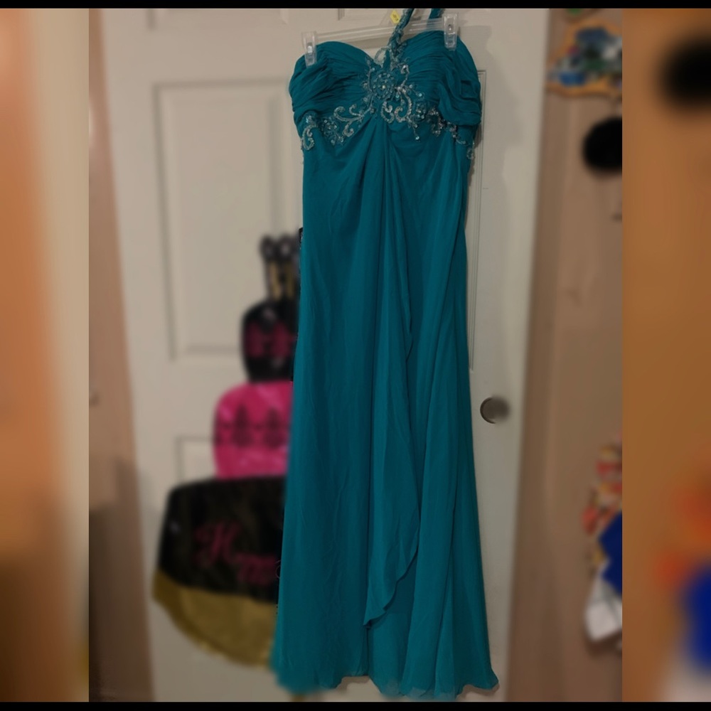 Long teal one shoulder prom dress